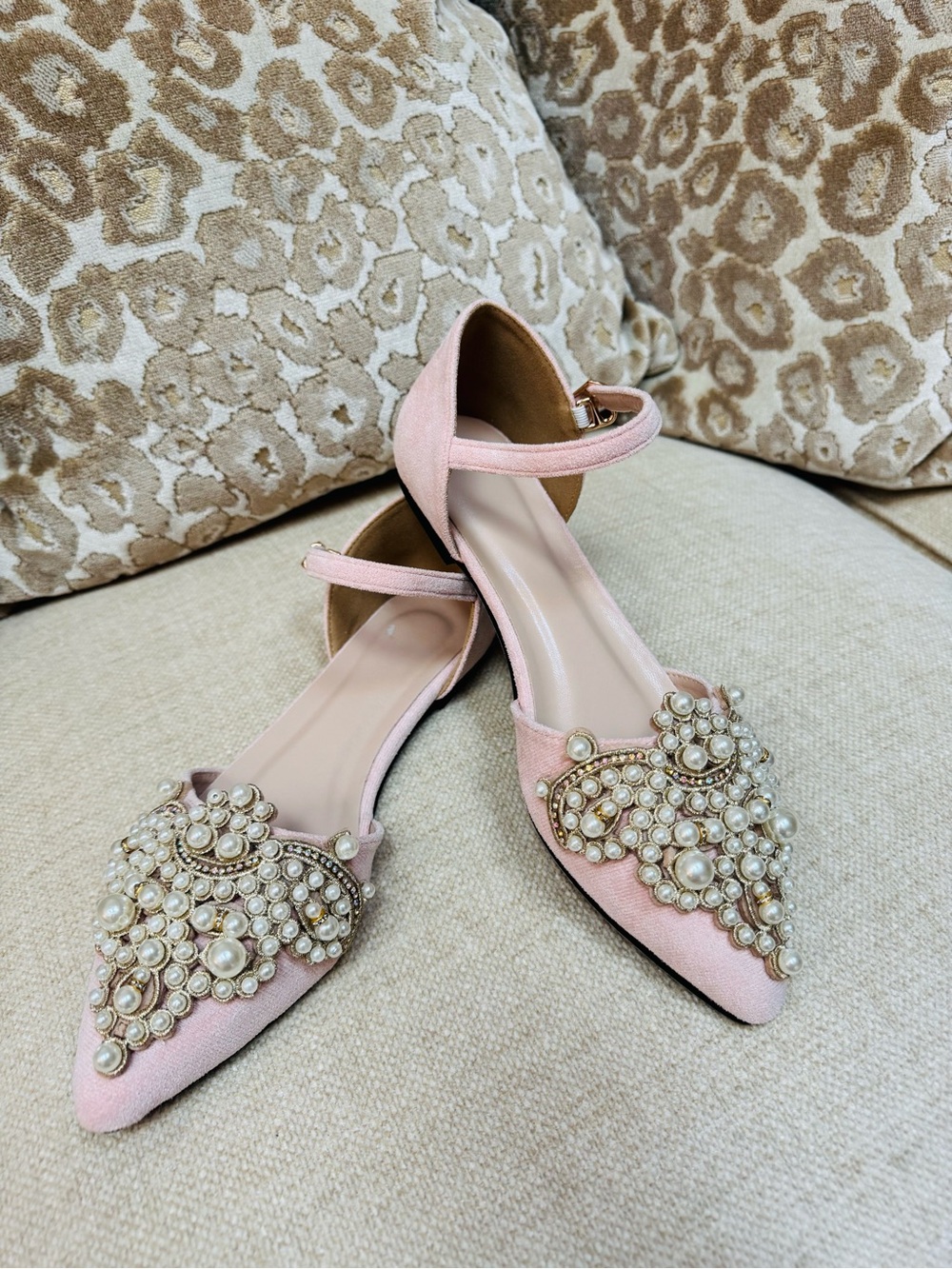 Pointed Toe Flats | Pearl & Jewel Encrusted | Pink Faux Suede | 40 (US 9 - 9.5)